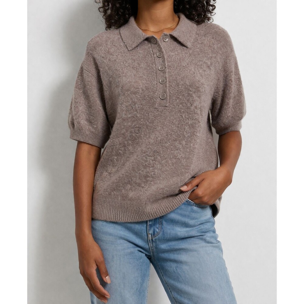 A New Day XL Short Sleeve Collared Sweater Top Taupe Heathered Soft Knit Polo